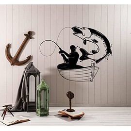 Vinyl Wall Decal Hunting and Fishing Club Big Fish Fisherman On a Boat Stickers (4418ig) Black