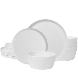 afcevnlb 12-Piece Plastic Dinnerware Set Plates and Bowls Sets Service for 4 Matte White Melamine Plates Unbreakable Plastic Outdoor Camping Dishes Decor Dishwasher Safe