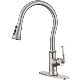 WINKEAR Brass Kitchen Faucet with Pull Down Sprayer, 3 Sprayer Modes High Arc Kitchen Sink Faucet, Roman High Arc, 3 Or 1 Hole with Deck Plate, Easy Install Pre-Install Supply Hose, Brushed Gold