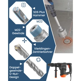 SDS Plus Extension, Lytool 220 mm SDS Plus Drill Extension Shaft with M22 Thread for Drill Bits Core Drill Concrete Cement Stone Wall Drill Diamond Drill Bit