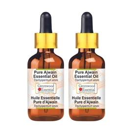 Greenwood Pure Ajwain Essential Oil (Trachyspermum Ammi) with Glass Dropper 100% Natural Therapeutic Steam Distillation (Pack of Two) 100ml x 2 (6.76oz)