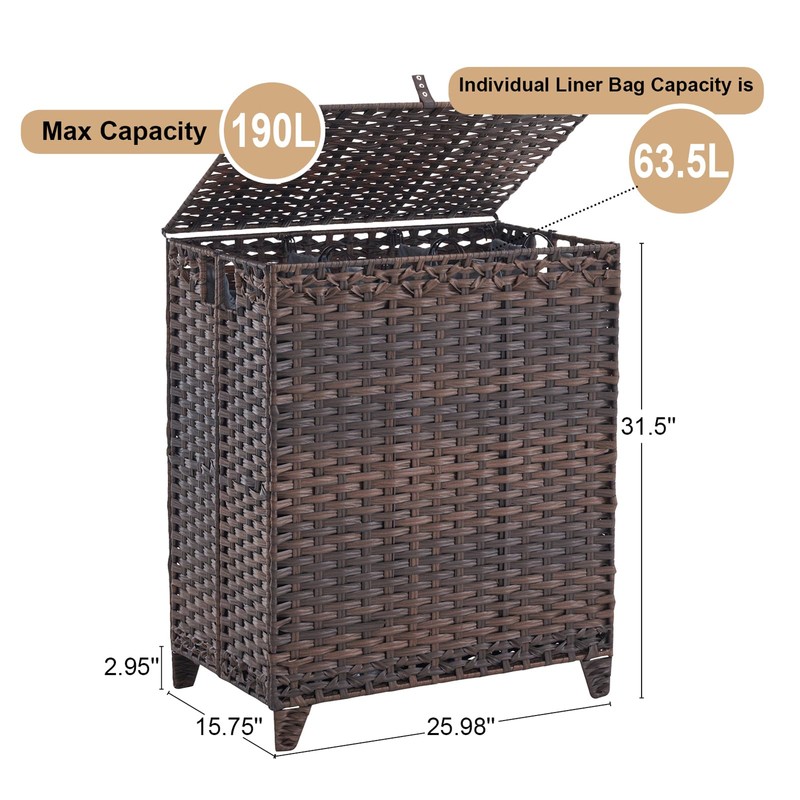 Laundry Hamper with Lid, 190L Large Laundry Basket 3 Section