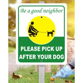 i-CowFun Heavy Duty Aluminum Pick Up After Your Dog Sign, 12" x 10" Metal Please Clean Up After Your Dog Signs With 28" Stake, Be A Good Neighbor Pick Up Your Dogs Poop Yard Sign, Polite, Weather Resistant