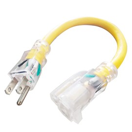 EP 1 ft Lighted Extension Cord - 12/3 SJTW Heavy Duty Yellow Extension Cable with 3 Prong Grounded Plug - 15AMP Power Cord for Lawn, Garden, Appliances