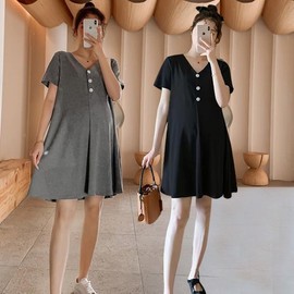 Casual V-Neck Three-Button Maternity Women's Daily Midi Basic Dress Maternity Three-Button Dress Charcoal/2XL