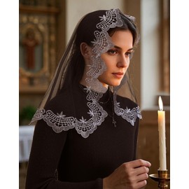 Bozidol Black Silver D-Shaped Cross Dove Embroidered Mantilla Veil for Catholic Women Church Mass, Religious Christian Chapel Veils Head Coverings, Gifts for Easter Baptism