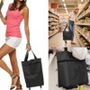 Folding shopping bag, supermarket trolley with two lightweight folding wheels,