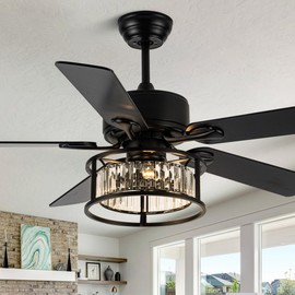 52'' Farmhouse Ceiling Fan with Light and Remote,Rustic Crystal Chandelier Fan, Industrial Modern Downrod Mount Black Ceiling Fan with 5 Wood Reversible Blades,Quiet Motor for Living Room, Bedroom