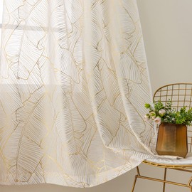 VISIONTEX Sheer Curtains 84 inches Long 2 Panels Set, Luxury White Voile Tropical Leaves Gold Foil Print, Metallic Bronzing Treatment Pair for Home Window Decoration, Rod Pocket 54 by 84 Inch