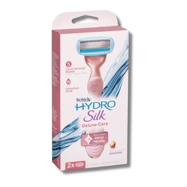 Schick - Hydro Silk | Deluxe Care Razor | Handle with 2 Refills | Rose Gold Metal Handle | 5 Blade Razor | Curve Sensing Blades | Close Shave | Smooth Glide | Shea Butter | Shower Hanger