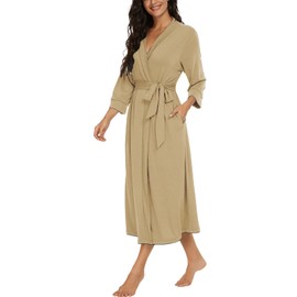 VINTATRE Women Kimono Robes Long Knit Bathrobe Lightweight Soft Knit Sleepwear V-neck Casual Ladies Loungewear Khaki-M