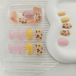 Square Press on Nails Short Yellow Fake Nails Press ons Sunflowers Light Pink Full Cover Acrylic Nails White Lines False Nails Glossy Glue Stick on Nails for Women 24 Pcs