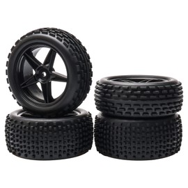 Pxyelec 1/10 Scale Off Road RC Buggy Front & Rear Wheel Rims and Tyres x4 Black 5 Spoke for HSP