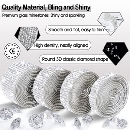 Rhinestone Ribbon 7 Rolls 7 Yards Self Adhesive Diamond Bling Rhinestones Strips, Crystal Rhinestone Tape Diamond Ribbons Wrap Glittering Stickers for Crafts Arts Car DIY Decoration, Silver, 4 Size