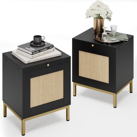 GAOMON 18.8" Nightstand/End Table Set of 2, Wood Side Table with Rattan Door, Storage Shelf for Living Room, Bedroom, Black