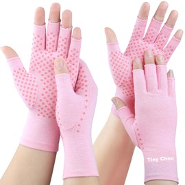 Tiny Chou 2 pares de guantes de artritis, guantes de compresión para mujeres y hombres, aliviar la artritis, reumatoide, osteoartritis, dolor de túnel carpiano, guantes antideslizantes sin dedos para apoyo de manos (rosa y rosa, S)