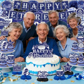 Happy Retirement Party Decorations Men Women, Blue and White Retirement Party Decorations, Happy Banner, Backdrop, Hanging Swirls, Honeycomb Centerpiece