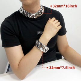 SDA 32mm Wide Chunky Silver Chain Necklace Choker - 32mm Wide,Heavy and Waterproof 316L Surgical Steel for Modern Men and Women into Hip Hop Fashion (16 Inches, Silver)