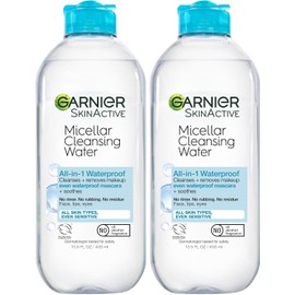Garnier - Agua limpiadora micelar Skinactive para maquillaje a prueba de agua, 2 unidades