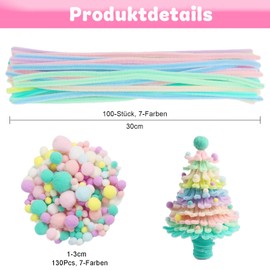 100 Stück Makronen-Farbene Pfeifenreiniger & 130 Stück Pompoms, 230stück DIY Bastelset für Kinder - Weiche Pastellfarben, Kreative Handwerksmaterialien