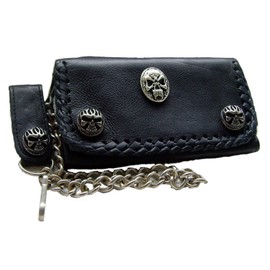 Biker Leather Wallet with Studs Bad-Skull Leather Colour Black 16 x 10 cm with Chain and Loop with Press Stud, black, Classic