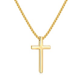 Fiusem Gold Plated Cross Necklace for Men, 14k Gold Plated Mens Cross Necklaces, 2.5mm Cross Chain and Stainless Steel Cross Pendant, Box Chain 24 Inch
