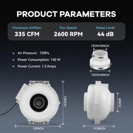 Crispaire 6 inch 335CFM Radon Mitigation Duct Fan Kit IP67 Waterproof, 2600RPM Ultra-Quiet and Energy-Efficient Ventilation for Indoor/Outdoor Use