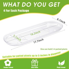 Juexica 4 Pcs 17.7 x 6.1 Inch Plant Tray Plastic Plant Saucer Window Sill Tray Rectangular Drip Trays Plastic Oval for Indoors Flower Pots for Window Sills and Shelf (Clear)