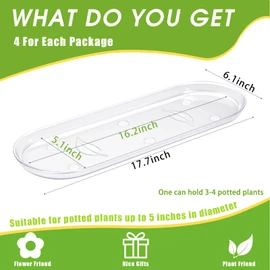 Juexica 4 Pcs 17.7 x 6.1 Inch Plant Tray Plastic Plant Saucer Window Sill Tray Rectangular Drip Trays Plastic Oval for Indoors Flower Pots for Window Sills and Shelf (Clear)