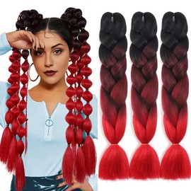 Jooceebaby Synthetic Hair for Braiding Easy Braid Pre-Stretched Braids Extensions Black Red Hair Extensions 24 Inch 3 Packs Hair for Braiding Braids Braids Braid Extensions (Black/Red)