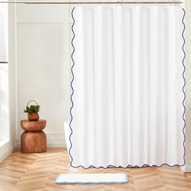 White with Navy Blue Scalloped border Shower Curtains 72" x 72" Rustic Shower Curtain or Modern Shower Curtain Bathroom Curtain with Scalloped all around. 100% Cotton 400 Thread Count