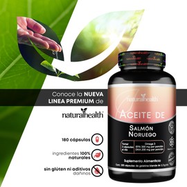 Natural Health. Aceite de Salmón Noruego. Omega 3: EPA 300mg - DHA 200mg. Frasco con 180 Cápsulas de 1.3 g. Ingredientes naturales.