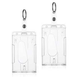 Amaxiu Heavy Duty ID Badge Holders with Keyring, 2 Pcs Thumb Slot Card Holders Clear Credit Card Protector Hard Plastic Badge Holders for Nurse Teacher Office School Supplies (Vertical)