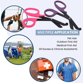 2Pcs Trauma Shears 7.25" All-Purpose Stainless Steel Paramedic Bandage Scissors Black Fluoride-Coated Serrated Blade First Aid Supplies for Medical Students, EMT, Firefighters (Pink + Purple Handle)