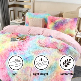 RYNGHIPY 3Pcs Rainbow Girls Bedding Sets Twin Size Ultra Soft Long Hair Plush Shaggy Duvet Cover with Pillowcases Colorful Tie Dye Bedding Set with Hidden Zipper Closure (Colorful Pink,Twin)