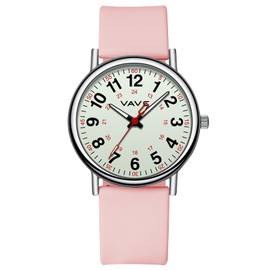 VAVC Waterproof Analog Nurse Watch for Nurses,Students,Medical Professionals,Women Men,with Luminouse Easy Read Dial,Military Time,Second Hand and 24 Hour,Comfortable Pink Silicone Band.
