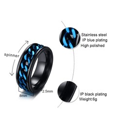 UMtrade Black Spinner Rings Classic Stainless Steel Mens Blue Rotating Chain Ring Two Tone Band