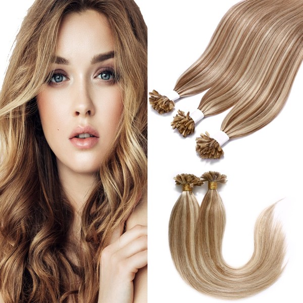 S-noilite Keratin Bondings Extensions Real Real Hair 0.5 g Real Hair Extensions Bondings U-Tips Human Hair Extensions #12/613 Light Golden Brown/Light Blonde 60 cm (100 Strands - 50 G)