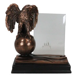 Ebros Gift Patriotic American Bald Eagle With Outspread Wings Perching On World Atlas Globe Engravable Engraving Beveled Glass Frame Bronze Electroplated Resin Figurine With Base Stand