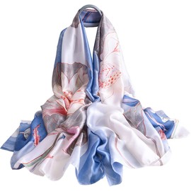 MAIRY Blue Scarf Friendship Gifts for Women Silk Scarves for Women Ladies Floral Printed Shawls and Wraps Soft Satin Infinity Scarf Thin Shawl Lightweight Vintage Long Scarves S180059