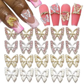 KTAABTR Alloy Butterfly Nail Charms 3D Butterflies Nail Jewelry with Pearls Diamond Design Gold Silvery Nail Art Charms for Women Girls DIY Manicure Tips 20Pcs Pink Gems Decoration