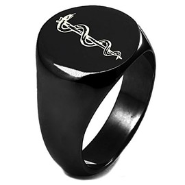 Black IP Plated Sterling Silver Rod of Asclepius Symbol Round Flat Top Polished Ring, Size 6