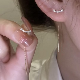 Ximdble Vintage Long Crystal Bar Threader Earrings Rhinestone Arc Bar Ear Climber Earrings Long Chain Dangle Earrings Gold Bar Drop Earrings for Women