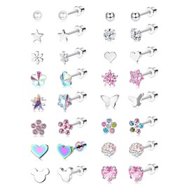 Diamday 16 Pairs Screw Back Earrings Stud for Girls Women Stainless Steel Small Cartilage Earrings Set Tiny CZ Heart Flower Star Screwback Flat Back Stud Earrings Tragus Helix Earrings Multicolored A