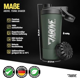 ABOVE. Protein Shaker Stainless Steel 750 ml - BPA Free & Insulating: Keeps Shakes 12H Ice Cold - Integrated Scale & 100% Leak-proof Lid - Robust & Durable - Dishwasher Safe up to 45°C (Olive)