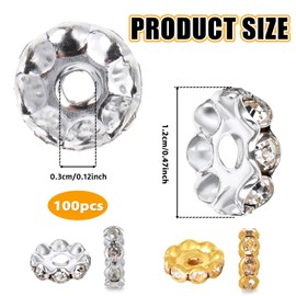JIYIN Spacer Beads for Crafting, 100 Pcs 12mm Silver and Gold Rondelle Spacer Beads Rhinestone Crystal for Jewelry Making, Fancy Sparkle Crystal Spacer Beads for DIY Pens Bracelet Jewelry Making(12mm)