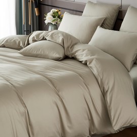 YASMENG Mako Satin Bed Linen 135 x 200 cm Beige 100% Cotton Satin Bed Linen Shiny Luxury Duvet Cover Set Soft Silky Breathable Satin Bed Linen 2-Piece with Zip and 80 x 80 cm Pillowcase