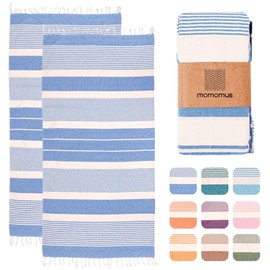MOMOMUS Pack of 2 Fouta XL or Beach Towel Cotton 100% - Absorbent, Ultra Soft, Compact - Beach Towel Fringe and Hammam Towel Thin Sauna, Spa and Pool - Sky Blue, 90 x 180 cm