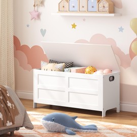 MAHANCRIS Storage Chest, 39.4”L Large Toy Chest, Entryway Storage Trunk, Toy Storage Organizer, Storage Bench with Safety Hinge, Entrance Bench for Living Room, Entrance, Bedroom, White SCWT48301