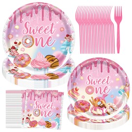 Decoraciones para el primer cumpleaños para niña, fiesta de donas, decoración de fiesta de cumpleaños, 96 piezas con temática de donas, suministros para fiesta de cumpleaños, juegos de platos y servilletas para baby shower, sirve 24 unidades
